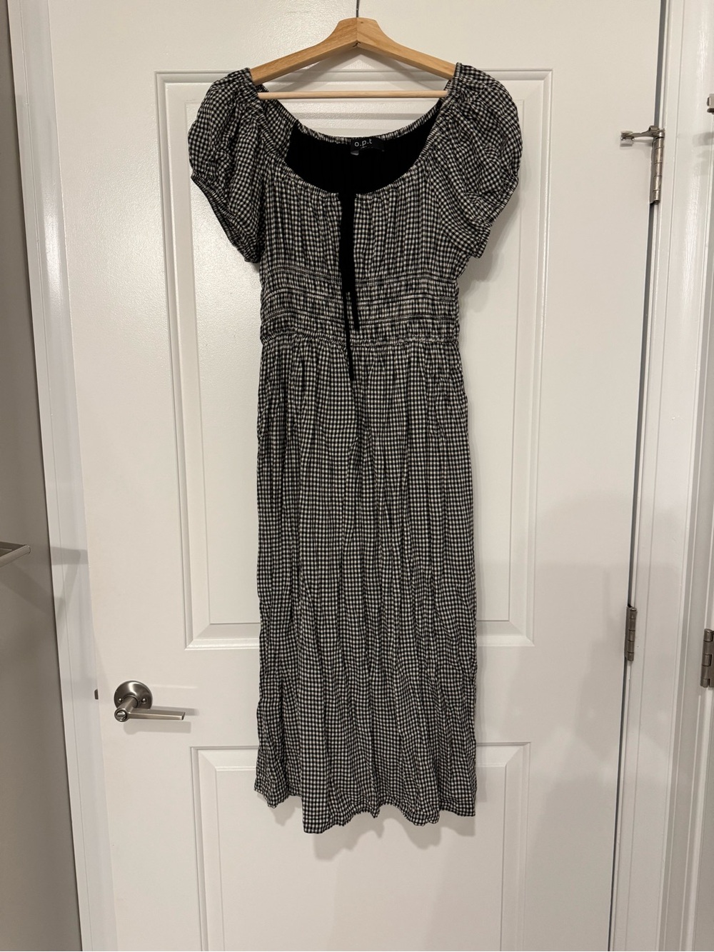 Black and White Gingham Smocked Midi Dress with Puff Sleeves